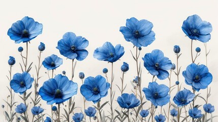  a bunch of blue flowers that are on a white wall and in the middle of a bunch of blue flowers that are on a white wall and in front of a white wall.