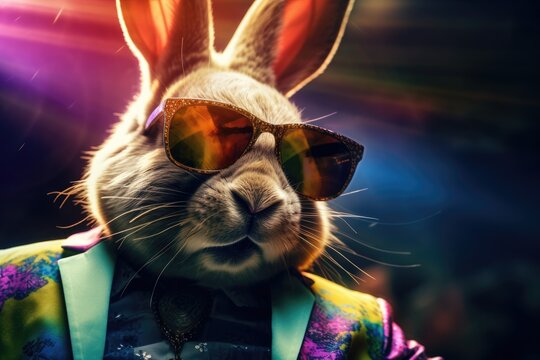 cool easter bunny with sunglasses on disco background