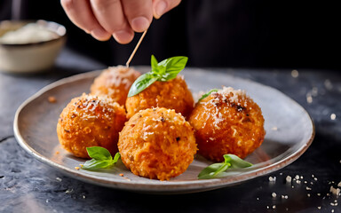 Capture the essence of Arancini in a mouthwatering food photography shot