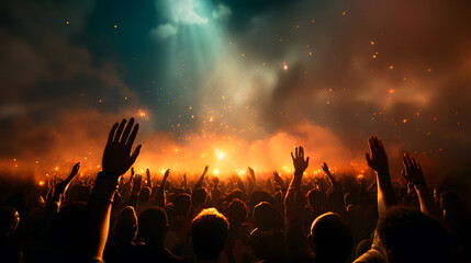 As the musical group performs, the audience silhouette stands. Generative AI.