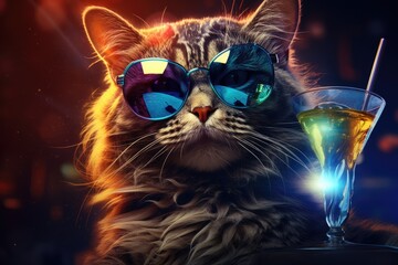 Naklejka premium cool cat with sunglasses and cocktail