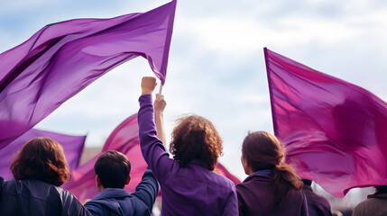 A protest woman raises a purple flag high, feminism rights. Generative AI.
