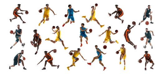 Collage made of dynamic shots of athlete men, professional basketball players with training with ball against white background. Concept of sport, action, motion, movement, energy, active lifestyle. Ad