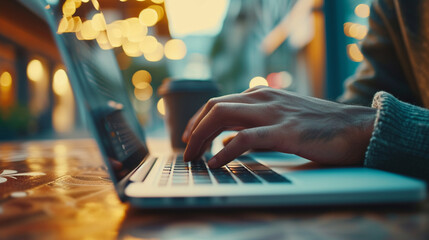 A close-up of a student's hands typing on a laptop keyboard with a cup of coffee nearby, early in the morning, distance learning, dynamic and dramatic compositions, with copy space