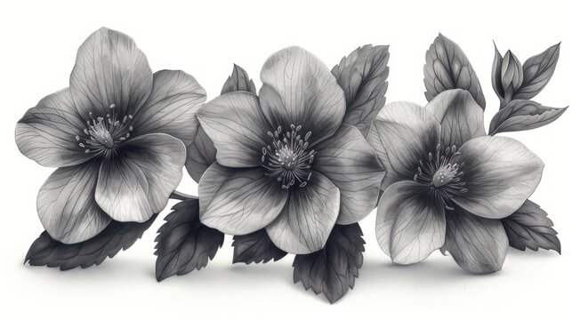  a black and white photo of flowers with leaves on the bottom and bottom of the flowers on the bottom of the picture, and the top of the flowers on the bottom of the picture.