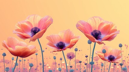  a group of pink flowers with water droplets on them in front of an orange and pink background with a blue center in the middle of the center of the flowers.