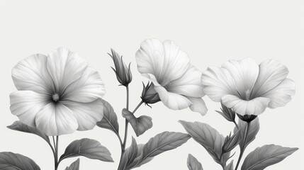  a black and white photo of flowers with leaves on the stem and in the middle of the picture is a black and white photo of flowers on a white background.