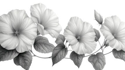  a black and white photo of three flowers on a stem with leaves on the stem, and a single flower on the stem with leaves on the stem, on a white background.