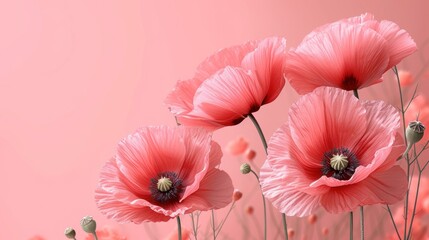  a group of pink poppies on a pink background with pink flowers in the foreground and a pink wall in the background with pink flowers in the foreground.