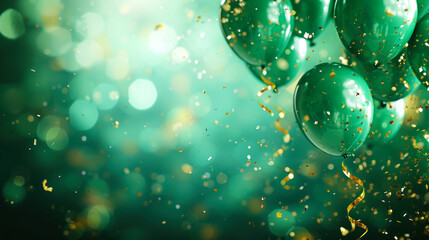 green balloons with golden confetti and bokeh effect