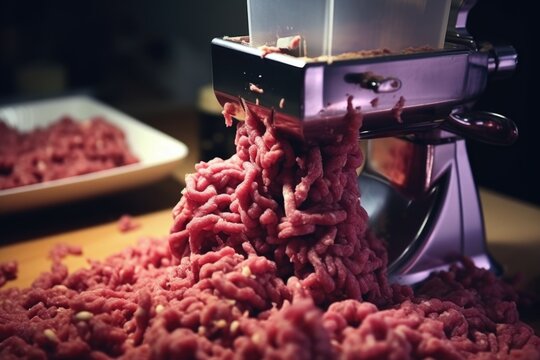 A close-up view of a meat grinder on a table. This image can be used to showcase food preparation or kitchen equipment