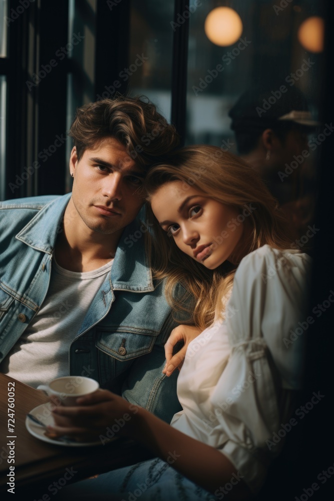 Poster a picture of a man and a woman sitting together at a table. this versatile image can be used to repr