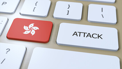 Hong Kong Country National Flag and Text Attack on Button. War 3D Illustration