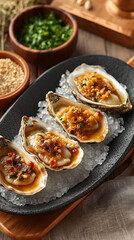Quality fresh oysters with garlic sauce. Michelin-starred restaurant. Tilt Blur, Professional Illustration, Restaurant Background,