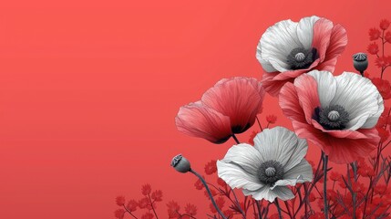  a group of red and white flowers on a red background with a black and white flower in the middle of the picture and a black and white flower in the middle of the picture.