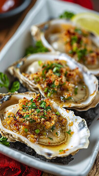 Quality fresh oysters with garlic sauce. Michelin-starred restaurant. Tilt Blur, Professional Illustration, Restaurant Background,