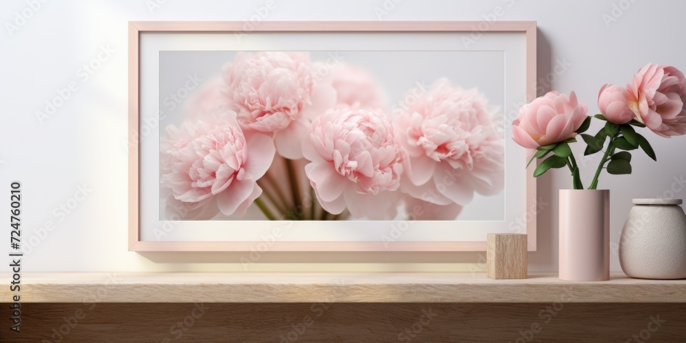 Poster Pink flowers arranged in a vase on a shelf. Perfect for adding a touch of color to any space