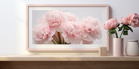 Pink flowers arranged in a vase on a shelf. Perfect for adding a touch of color to any space