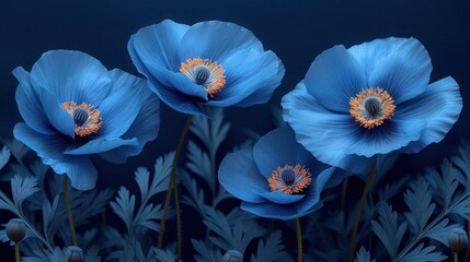  a group of blue flowers sitting on top of a lush green plant covered in lots of leafy green and blue flowers next to each other blue flowers on a dark blue background.