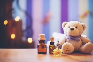 safe aromatherapy oils next to a toy bear - obrazy, fototapety, plakaty