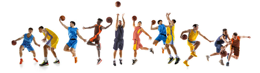 Banner. Collage. Team sport. Young athletic men, different races play basketball in motion against white studio background. Concept of sport, action, motion, movement, energy, active lifestyle. Ad