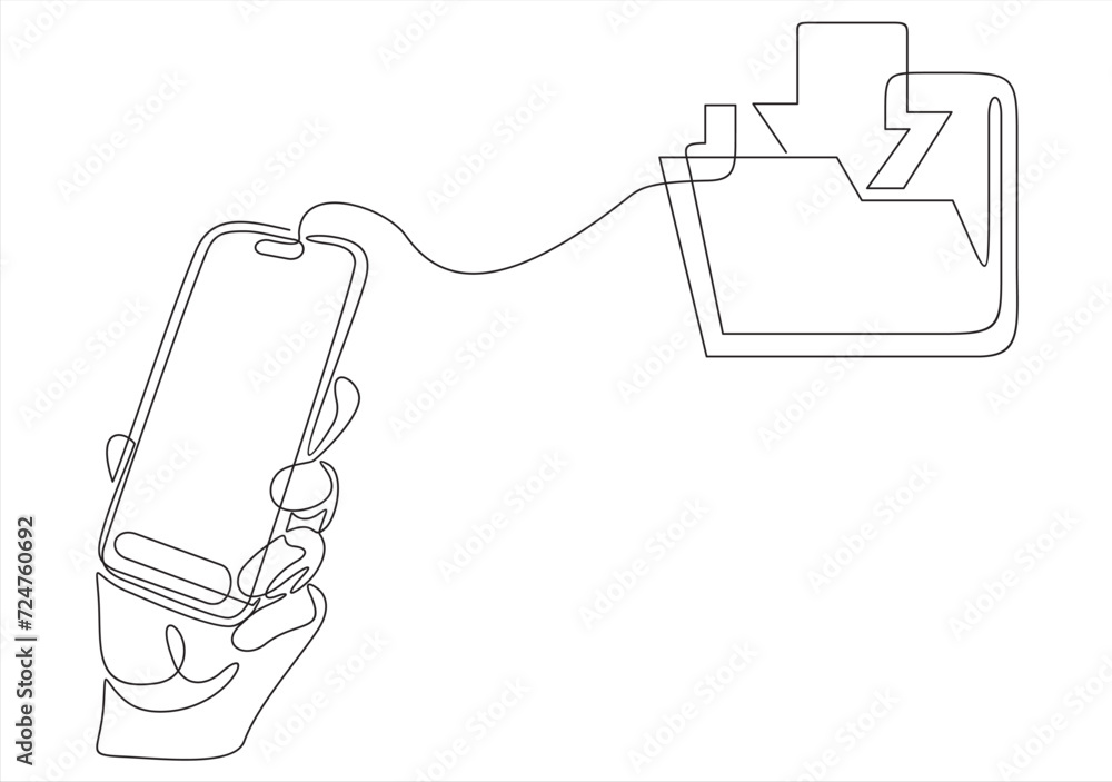 Aufkleber flat line icon concept of hand holding smartphone with file. doc download button on the screen. down
