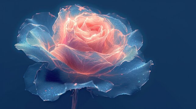  a close up of a flower on a blue background with a blurry image of a pink rose in the center of the flower and the center of the petals.