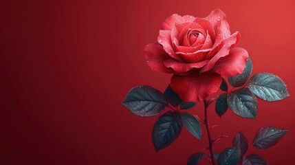  a single red rose with green leaves on a red background with a drop of water on the petals and a red background with a drop of water droplets on the petals.