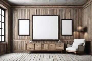 a grunge wooden room interior with blank picture frames by ai generated