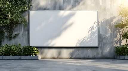 Fototapeta premium Perspective view on blank black signage with place for your logo or advertising on sunlit concrete wall outdoor. 3D rendering, mockup