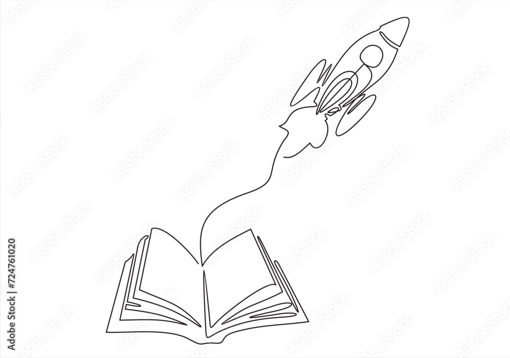 Poster open book with launching rocket vector linear icon, missile start up.continuous line drawing