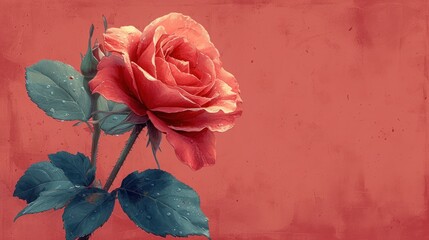  a single red rose with green leaves on a red background with drops of water on the petals and a red background with a red background with a red wall and blue border.
