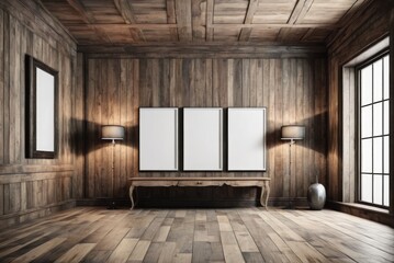 a grunge wooden room interior with blank picture frames by ai generated