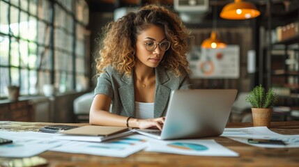 An enthusiastic young manager, lawyer or employee working in the office with a laptop in hand holding accounting documents. She is checking financial data or marketing reports.