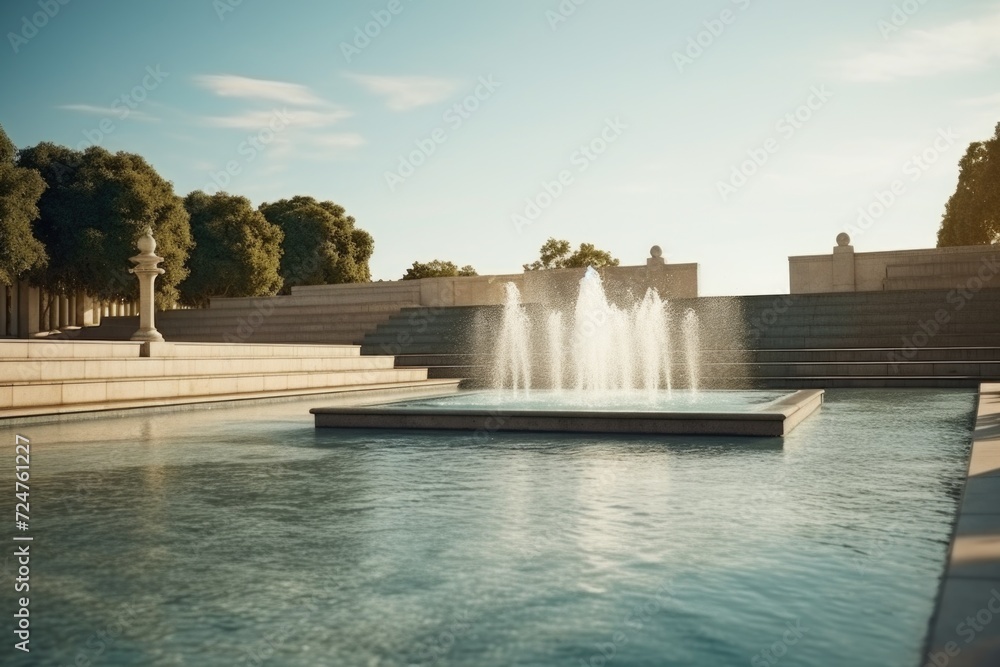 Poster a water fountain in the middle of a park. perfect for adding a touch of nature to your designs