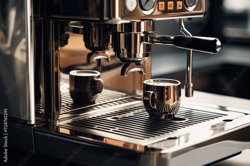 Poster a close-up view of a coffee machine placed on a table. this image can be used to showcase modern kit