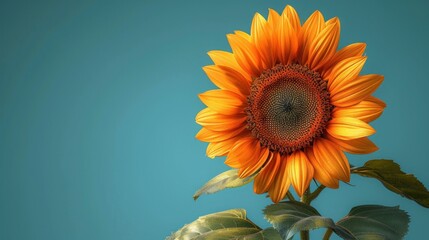  a large sunflower on a blue background with a green stem in the foreground and a smaller sunflower in the middle of the frame with a blue sky in the background.