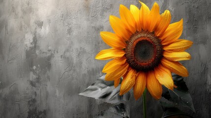  a close up of a sunflower in a vase on a table with a wall in the back ground and a wall in the back ground in the back ground.