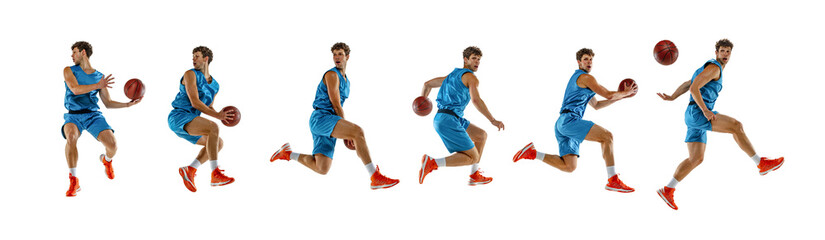 Fototapeta premium Collage. Competitive athletic man, basketball player demonstrated his skills in motion against white background. Concept of sport, action, movement, energy, active lifestyle. Ad
