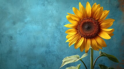  a large yellow sunflower in front of a teal blue wall with a green leafy plant in the foreground and a blue wall in the back ground.