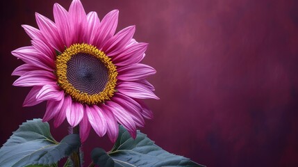 a close up of a purple flower with a green leafy plant in front of a purple background with a yellow center in the center of the center of the flower.