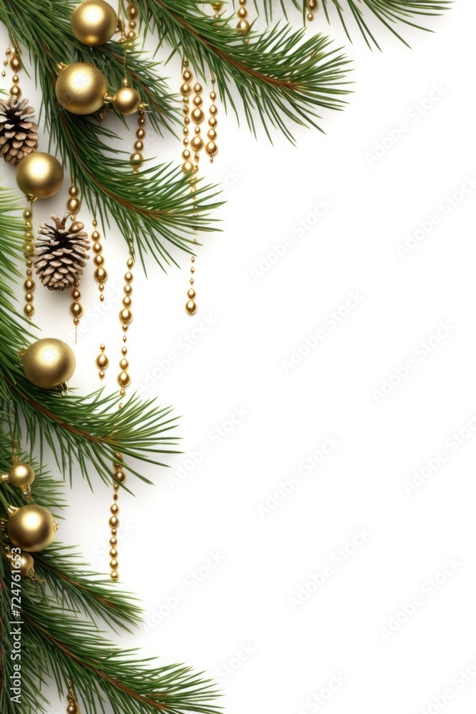 Poster a festive christmas tree adorned with beautiful gold ornaments and pine cones. perfect for holiday d