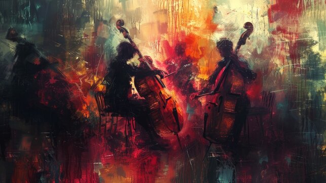 Create an emotionally charged concert scene, where the musicians and their instruments blend together in an abstract way. Expressionism