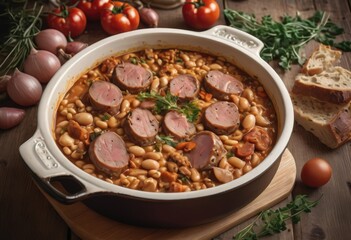 A slow-cooked casserole dish made with white beans, various meats such as sausage, pork, and duck confit by ai generated