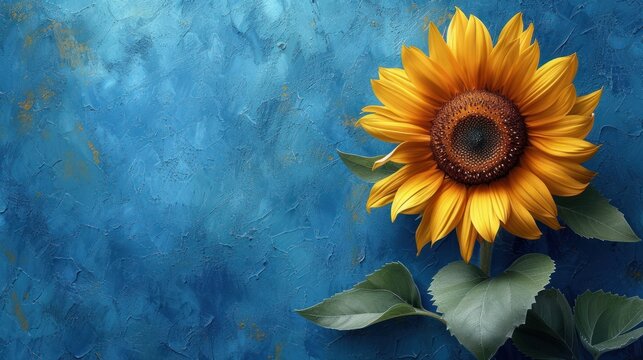  a painting of a yellow sunflower with green leaves on a blue background with green leaves on the bottom of the picture and the center of the sunflower in the middle of the picture.