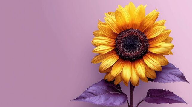  a large yellow sunflower with purple leaves on a purple and pink background with space for a text or an image to put on the back of the sunflower.