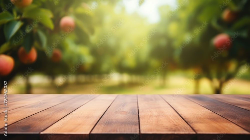Poster A wooden table placed in front of a vibrant orange tree. Perfect for adding a touch of nature to any setting