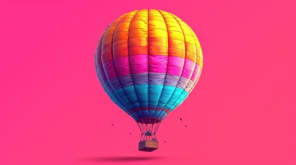  a multicolored hot air balloon is flying in the air on a pink and pink background with a shadow of a person in the bottom right side of the balloon.