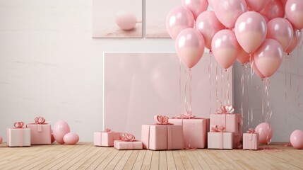 A room filled with pink balloons and presents on the floor. Perfect for birthdays or celebrations
