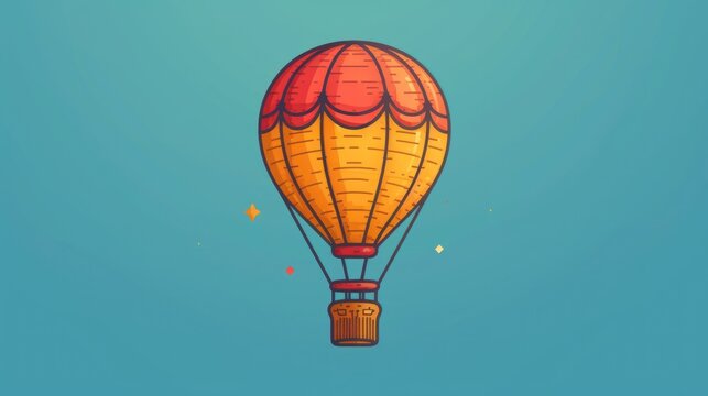  a yellow and red hot air balloon flying in a blue sky with a few stars on the bottom of the balloon and the bottom of the balloon in the sky.